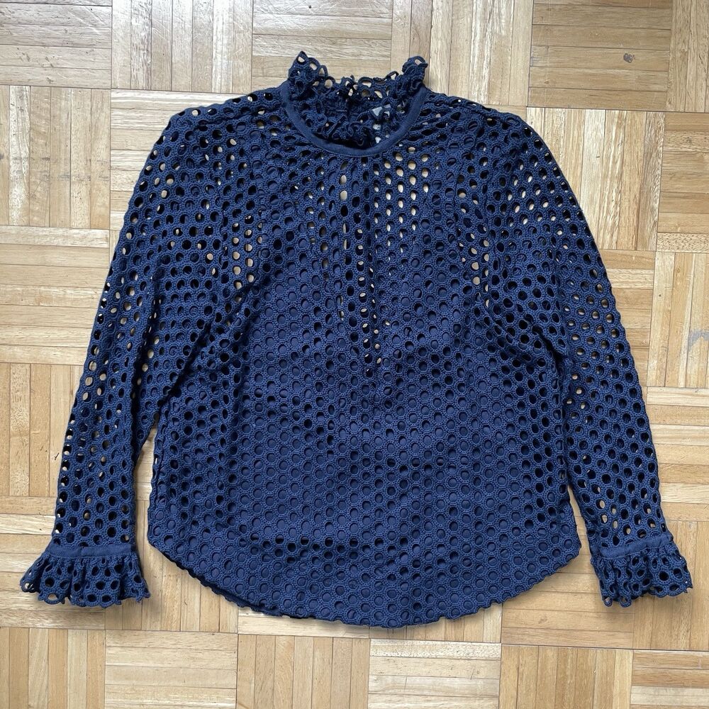 Sea New York Eyelet Blouse Size 2 Knit Navy Blue Long Sleeve Lace Bohemian
